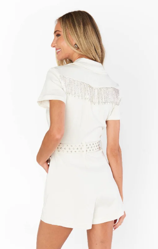 Outlaw Romper ~ White Rhinestone Fringe Denim